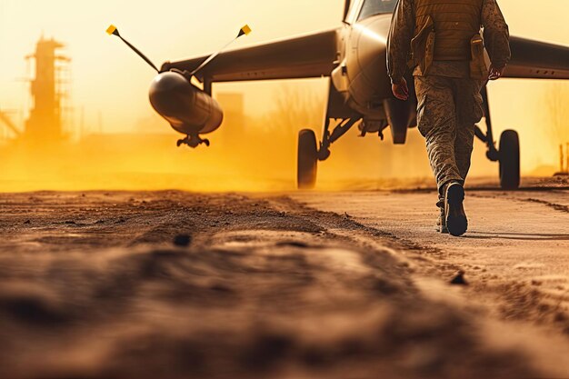 Ein Soldat geht auf einer staubigen Straße an einem Militärflugzeug vorbei.