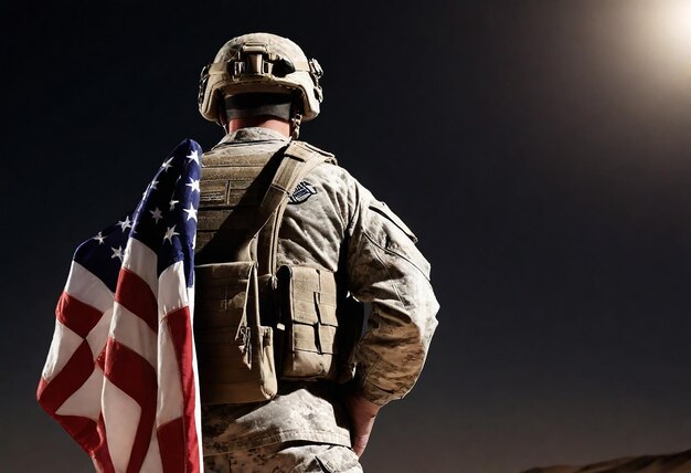 Foto ein soldat in uniform mit dem mond hinter ihm