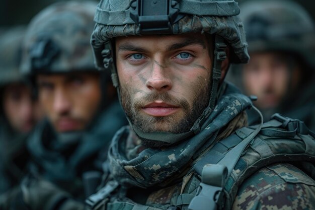 Ein Soldat in voller Kampfbekleidung steht auf der Wache mit einem ernsten Ausdruck