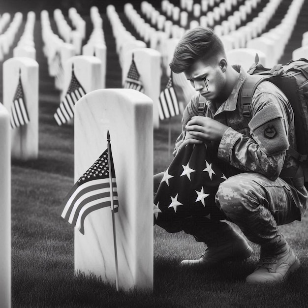 Foto ein soldat kniet vor einer flagge, auf der steht: us-armee
