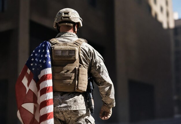 Foto ein soldat mit der nummer 2 auf dem rücken geht mit einer flagge