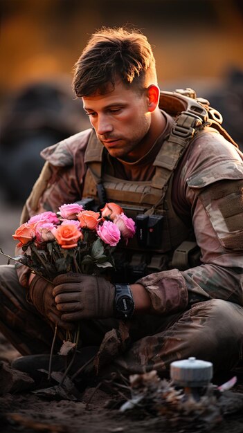 ein Soldat mit einem Bündel Blumen in der Hand