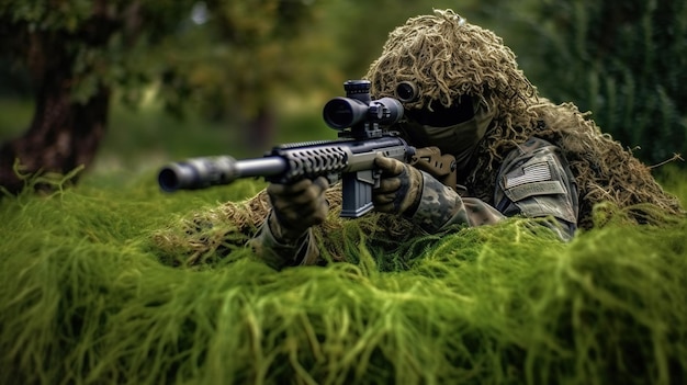 Ein Soldat mit einem Gewehr liegt im Gras.