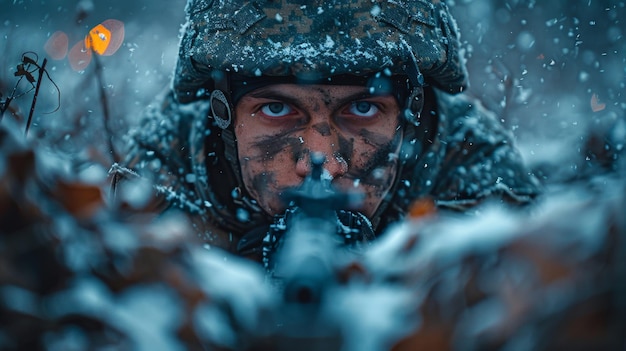 Ein Soldat mit einem Maschinengewehr in einem Graben in einer Kampfposition während einer Kampfmission im Winter