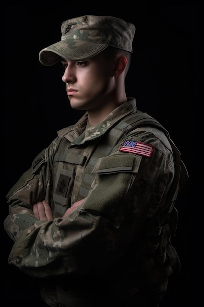 Ein Soldat mit Hut und einer Flagge der Vereinigten Staaten auf der Brust steht vor einem schwarzen Hintergrund.