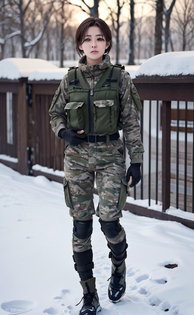 Ein Soldat steht im Schnee vor einem Zaun