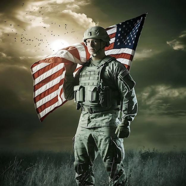 ein Soldat steht in einem Feld unter einem dramatischen