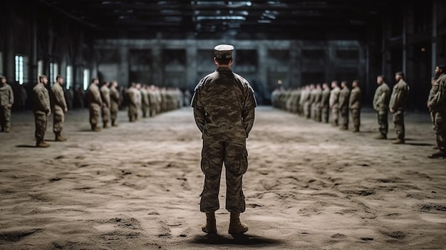 Ein Soldat steht in einer Reihe mit der Aufschrift „Armee“ an der Vorderseite.