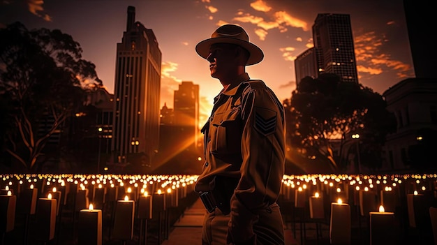 Ein Soldat steht mitten in der Nacht vor einem Denkmal mit Kerzen.