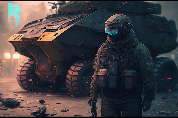 Ein Soldat steht vor einem Panzer, auf dem „Ruf der Pflicht“ steht.