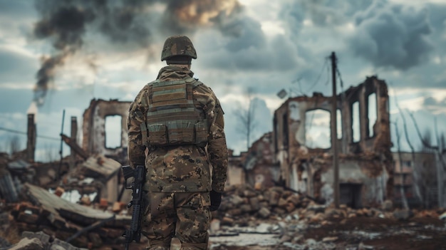 Ein Soldat steht vor einem zerstörten Gebäude