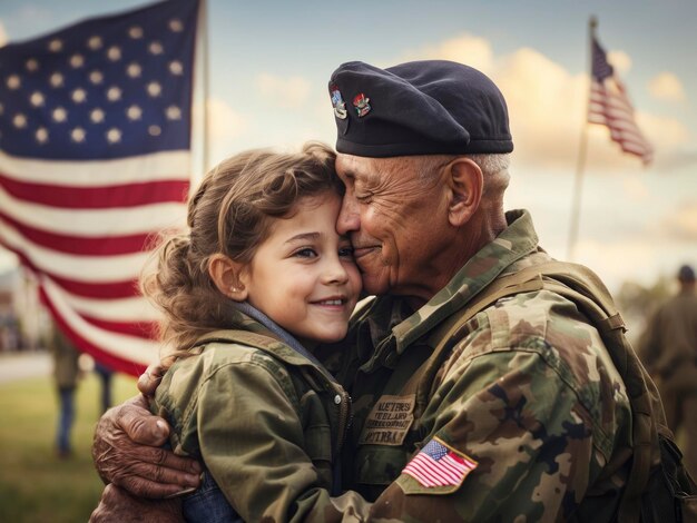 Foto ein soldat umarmt ein kleines mädchen vor einer amerikanischen flagge und einem fahnenmast