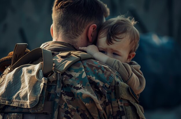 Ein Soldat umarmt seinen Sohn Ein Soldat trägt eine Kinderwindel