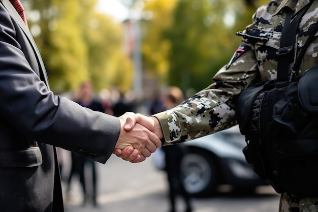 Ein Soldat und ein Zivilist geben sich die Hand