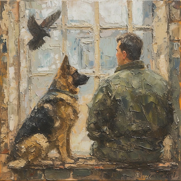 Ein Soldat und sein Hund schauen aus dem Fenster