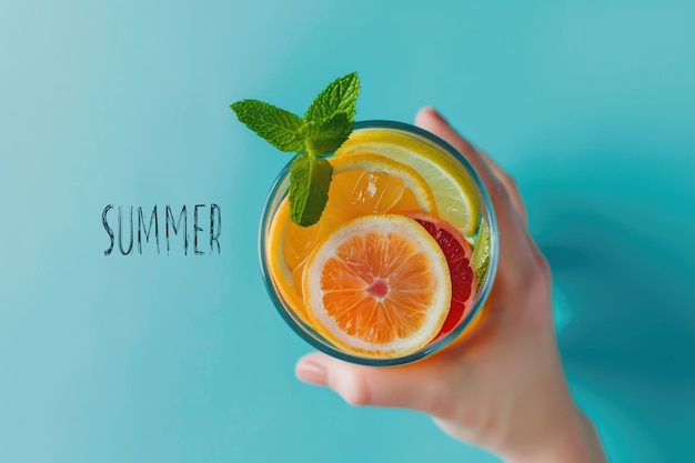 ein Sommer-Zitrus-Cocktail in einem Glas in der Hand auf einem blauen Hintergrund Top-View