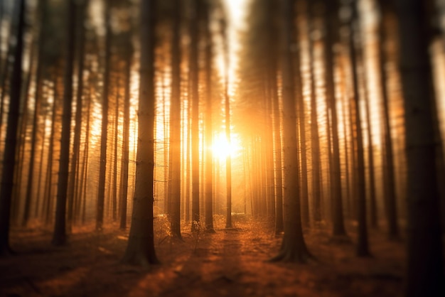 Ein Sonnenaufgang in einem Nadelwald