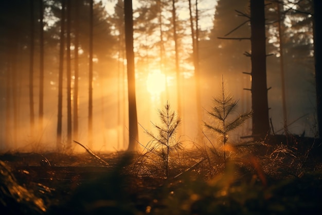 Ein Sonnenaufgang in einem Nadelwald