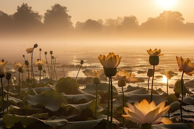 Ein Sonnenaufgang mit Lotusblumen im Vordergrund