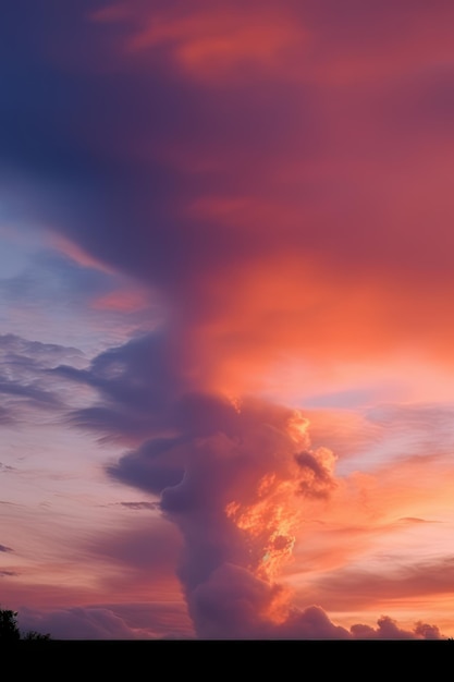 Ein Sonnenaufgang über einem Feld aus Wolken und Gras im Stil von hellem Orange und dunklem Magenta