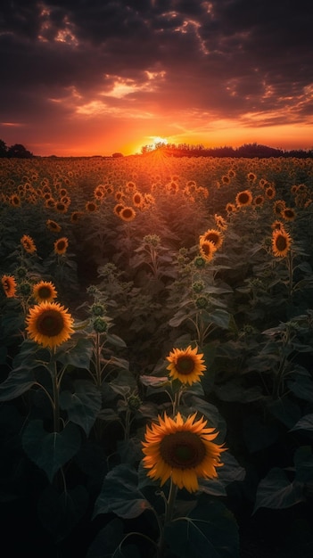 Ein Sonnenblumenfeld bei Sonnenuntergang.