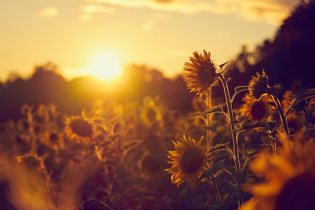 Ein Sonnenblumenfeld in den Strahlen der untergehenden Sonne