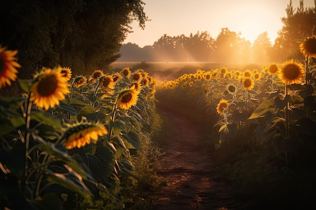 Ein Sonnenblumenfeld in der untergehenden Sonne. Generative KI