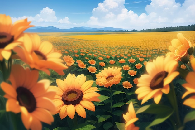 Ein Sonnenblumenfeld mit blauem Himmel und Bergen im Hintergrund.