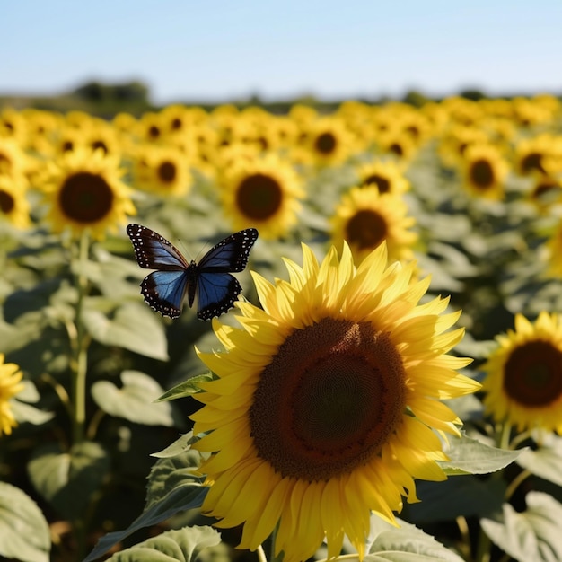 Ein Sonnenblumenfeld mit einem Schmetterling darauf.