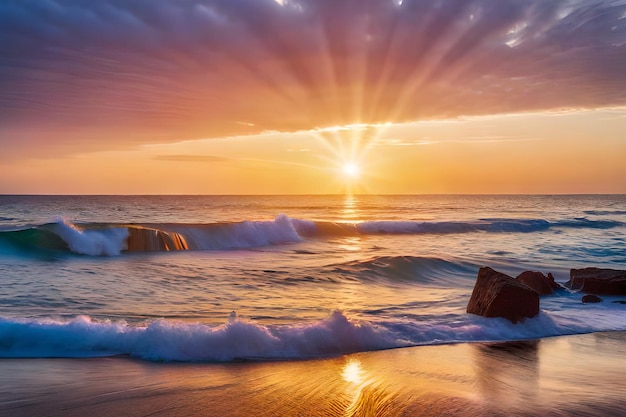 Ein Sonnenuntergang am Strand, bei dem die Sonne auf das Wasser scheint