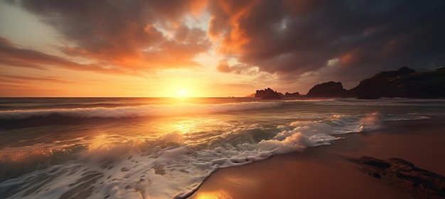 Ein Sonnenuntergang am Strand mit bewölktem Himmel