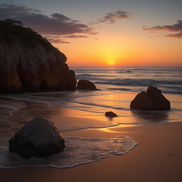 Ein Sonnenuntergang am Strand mit einem Felsen im Vordergrund