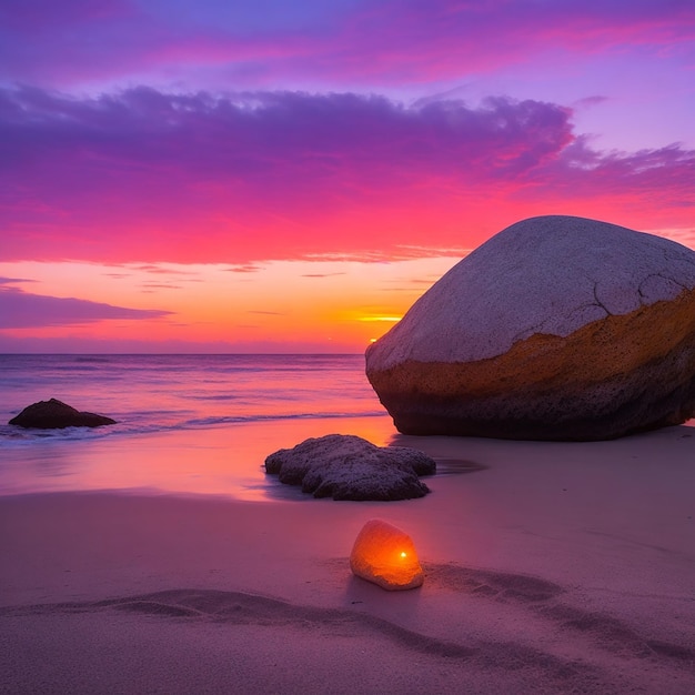 Ein Sonnenuntergang am Strand mit einem Felsen im Vordergrund