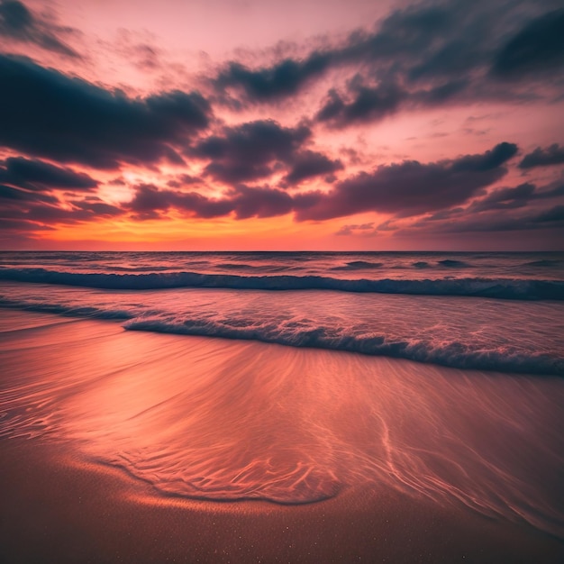 Ein Sonnenuntergang am Strand mit einem rosa Himmel und der Sonne, die sich im Wasser spiegelt.