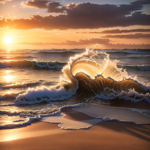 Ein Sonnenuntergang am Strand mit einer durch KI erzeugten Welle, die sich im Sand bricht