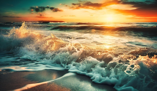 Ein Sonnenuntergang am Strand mit herumspritzendem Wasser