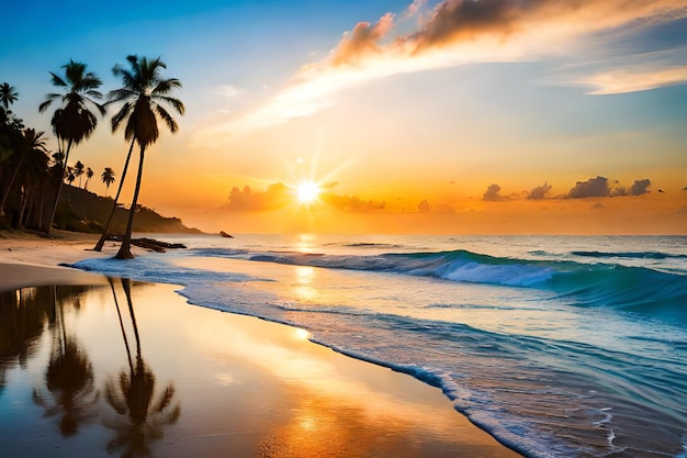 Ein Sonnenuntergang am Strand mit Palmen im Vordergrund