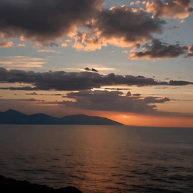 ein Sonnenuntergang an einem Berg und einem Gewässer