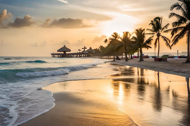 ein Sonnenuntergang an einem Strand mit Palmen und einem Pier im Hintergrund.