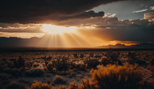 Ein Sonnenuntergang, bei dem die Sonne durch die Wolken scheint