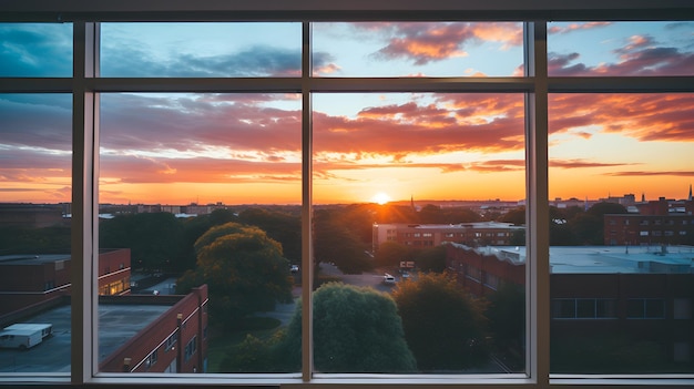 Ein Sonnenuntergang, gesehen durch ein Fenster eines Gebäudes. Fensteransicht vom Fenster der Universität