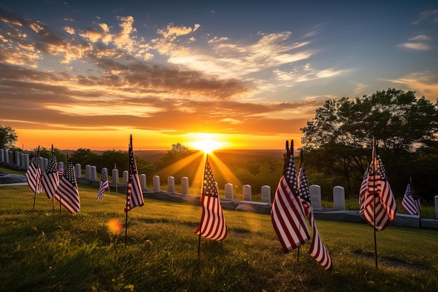 Ein Sonnenuntergang mit amerikanischen Flaggen im Vordergrund