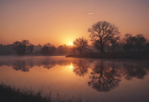 ein Sonnenuntergang mit Bäumen und einem See mit einem Sonnenuntergänge im Hintergrund