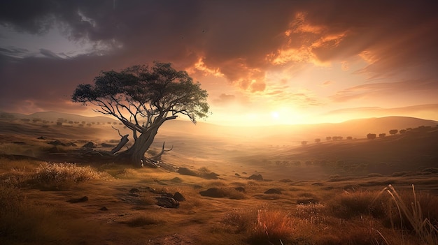 Ein Sonnenuntergang mit einem Baum im Vordergrund