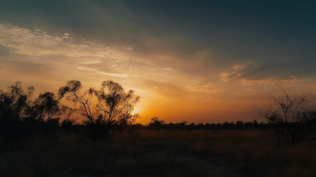 Ein Sonnenuntergang mit einem Baum im Vordergrund