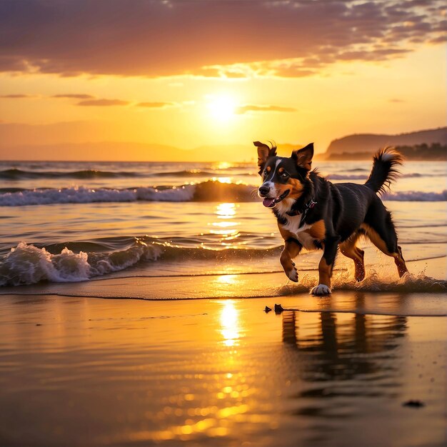 Ein Sonnenuntergang mit einem Strand und einem Hund, der am Strand läuft.