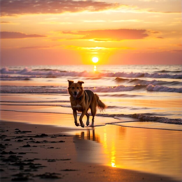 Ein Sonnenuntergang mit einem Strand und einem Hund, der am Strand läuft.