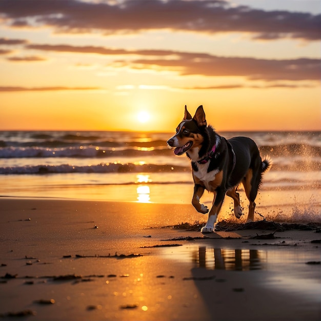 Ein Sonnenuntergang mit einem Strand und einem Hund, der am Strand läuft.