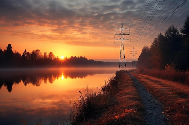 ein Sonnenuntergang mit einem Strommast und einem See im Hintergrund.