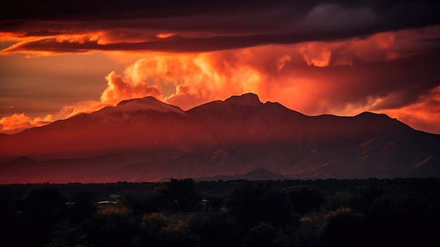 Ein Sonnenuntergang mit einer Bergkette im Hintergrund